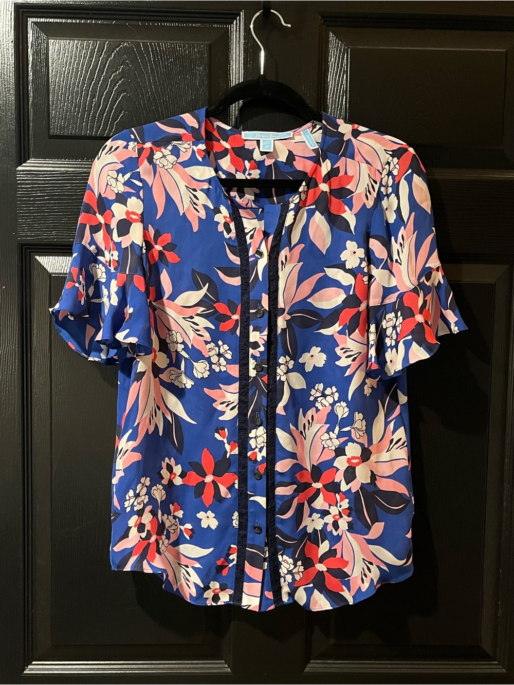 Draper James Silk Blue Floral Button-Front Ruffle Sleeve Blouse